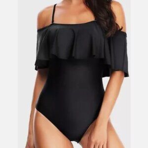 Cocoship Black Flounce Off Shoulder One Piece Swimsuit with Padded Cups Medium